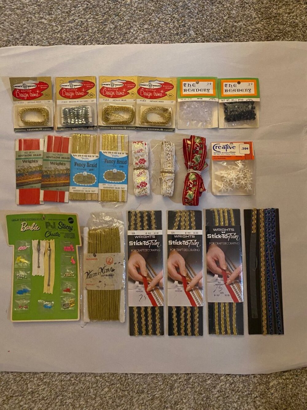 Vintage Sewing Notions Lot Zip String Trims Braid Beadery Set of 20 Barbie